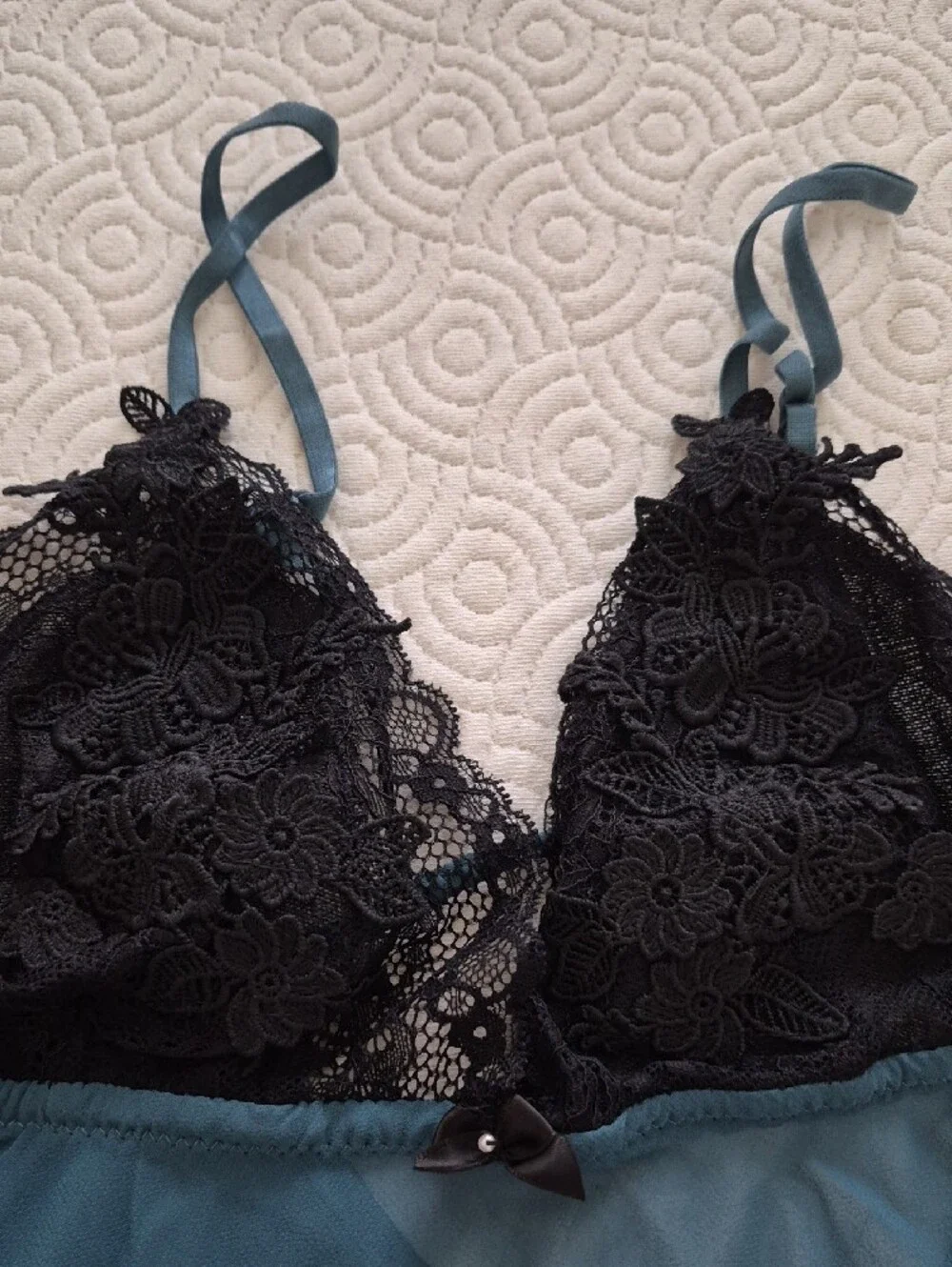 Linea Donatella Teal Blue Satin Chemise with Black Lace Cups and Matching Thong